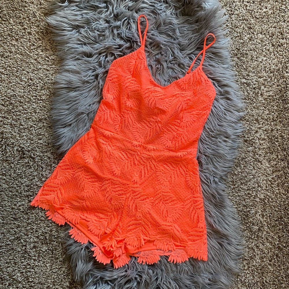Express Coral Lace Open Back Romper